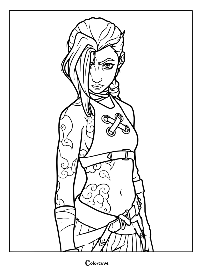 Dibujo para colorear de Jinx con tatuajes intrincados y cabello trenzado inspirado en Arcane League of Legends