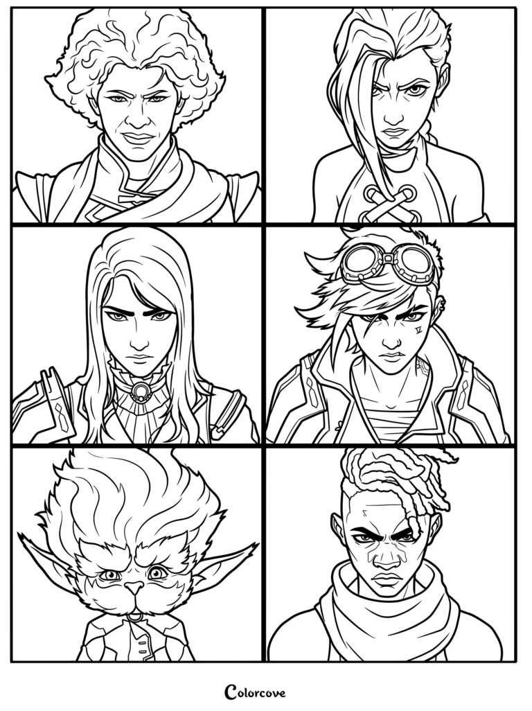 Una página para colorear para imprimir con una cuadrícula de seis paneles de retratos de personajes estilizados de la serie animada Arcane, que muestra a Viktor, Jinx, Caitlyn, Vi, Heimerdinger y Ekko con expresiones intensas.