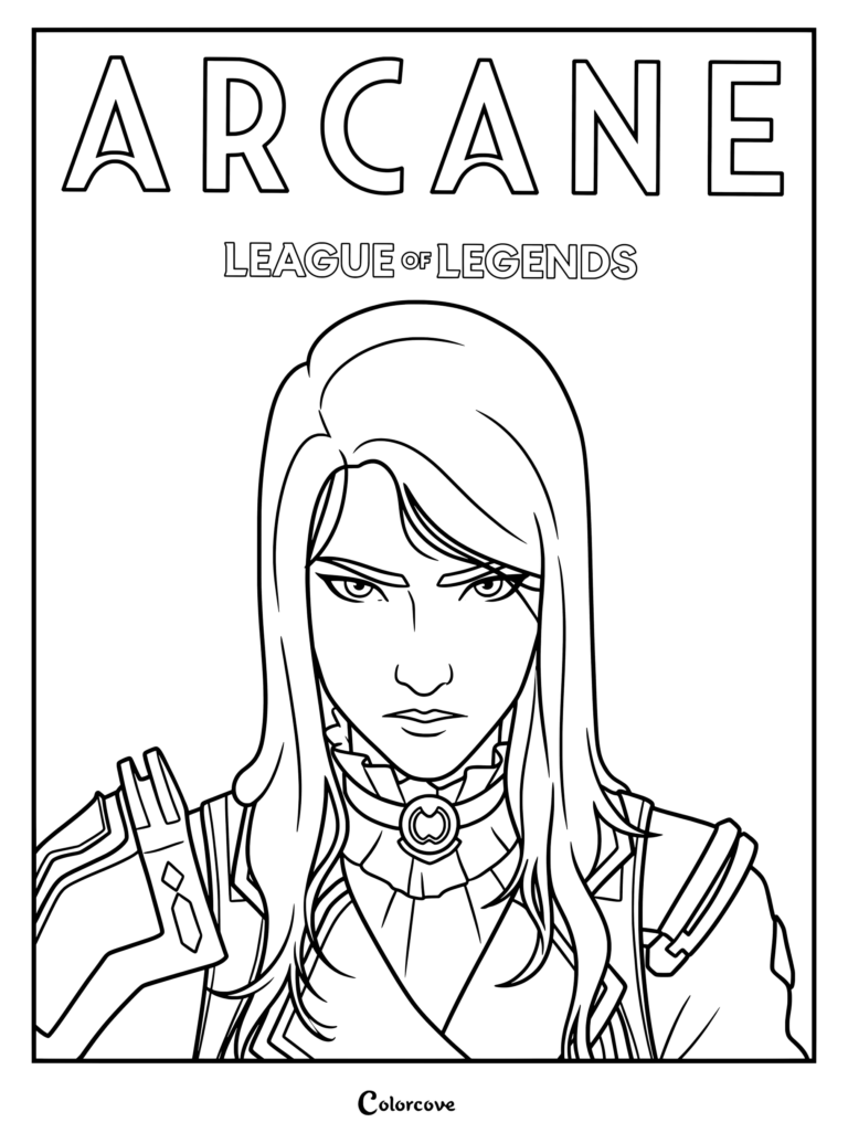 Dibujo para colorear de Caitlyn Kiramman de la serie animada Arcane League of Legends, vistiendo su atuendo de comandante ejecutora con cabello largo azul oscuro y una expresión severa