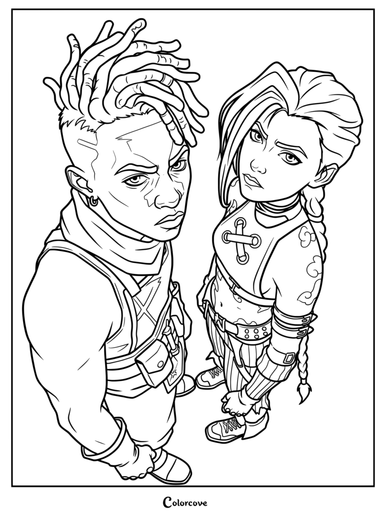 Dibujo para colorear imprimible con Ekko y Jinx de Arcane League of Legends en una vista de ángulo picado.