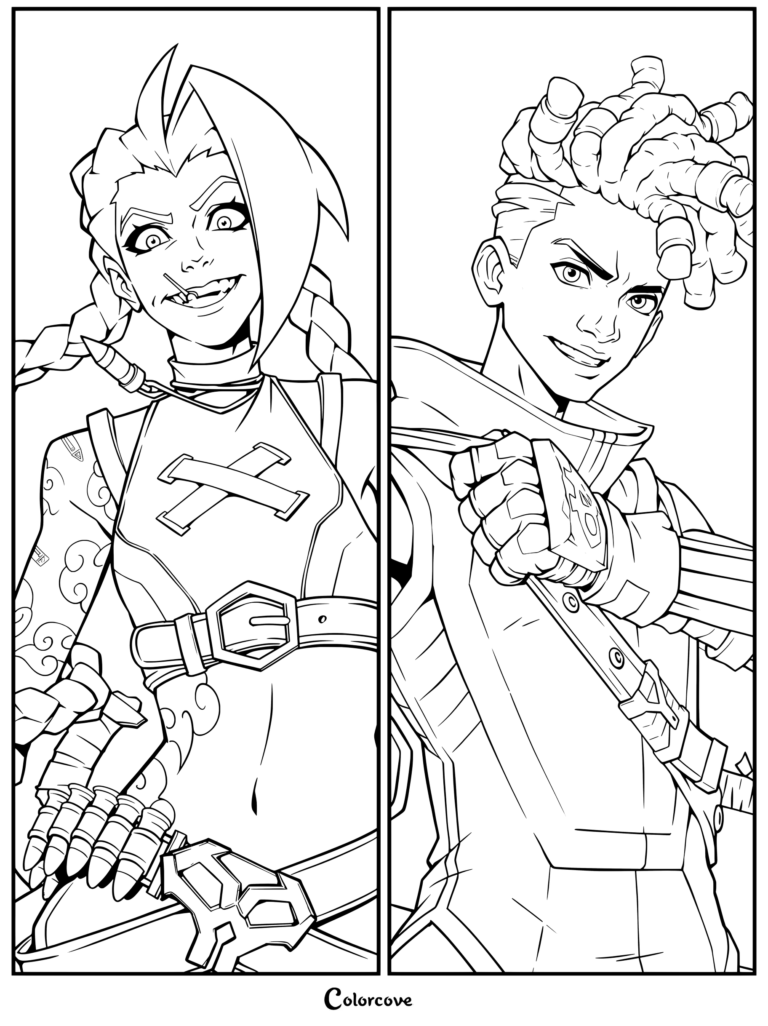 Dibujo para colorear de Jinx y Ekko de Arcane League of Legends que presenta arte lineal de los personajes.