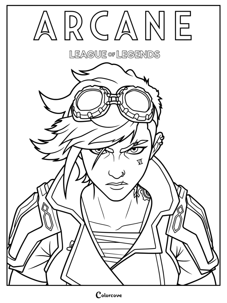 Dibujo para colorear imprimible de Vi (Violet) de Arcane League of Legends con su característico cabello corto, gafas steampunk en la cabeza y detallada chaqueta de ejecutora.