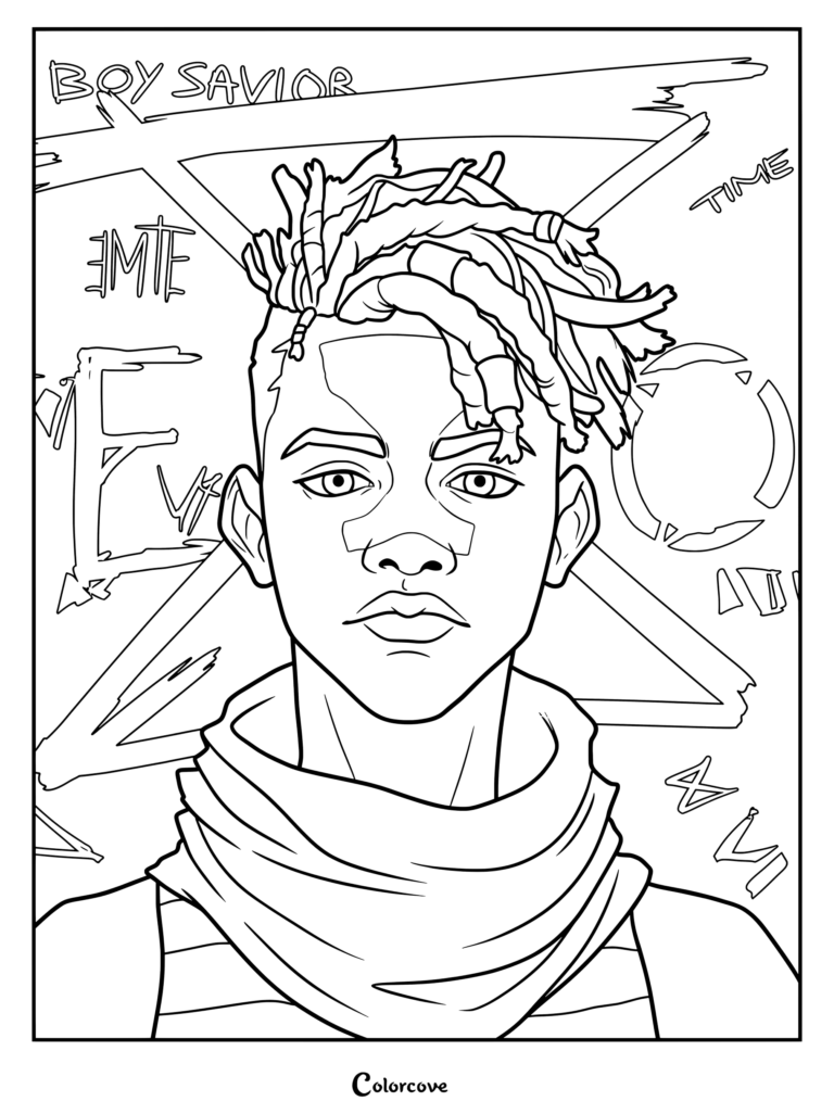 Página para colorear de Ekko con el personaje de Arcane League of Legends con rastas, una bufanda y detalles de fondo de grafiti.