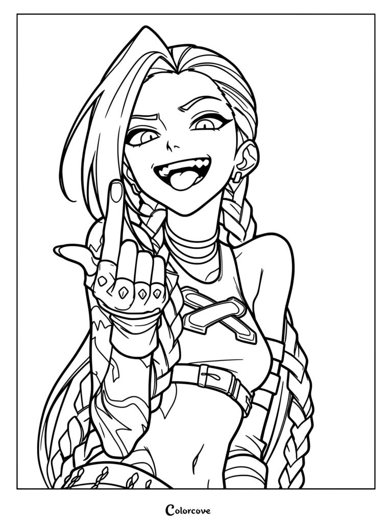 Dibujo para colorear de Jinx sonriendo y gesticulando de Arcane League of Legends con cabello trenzado y tatuajes.