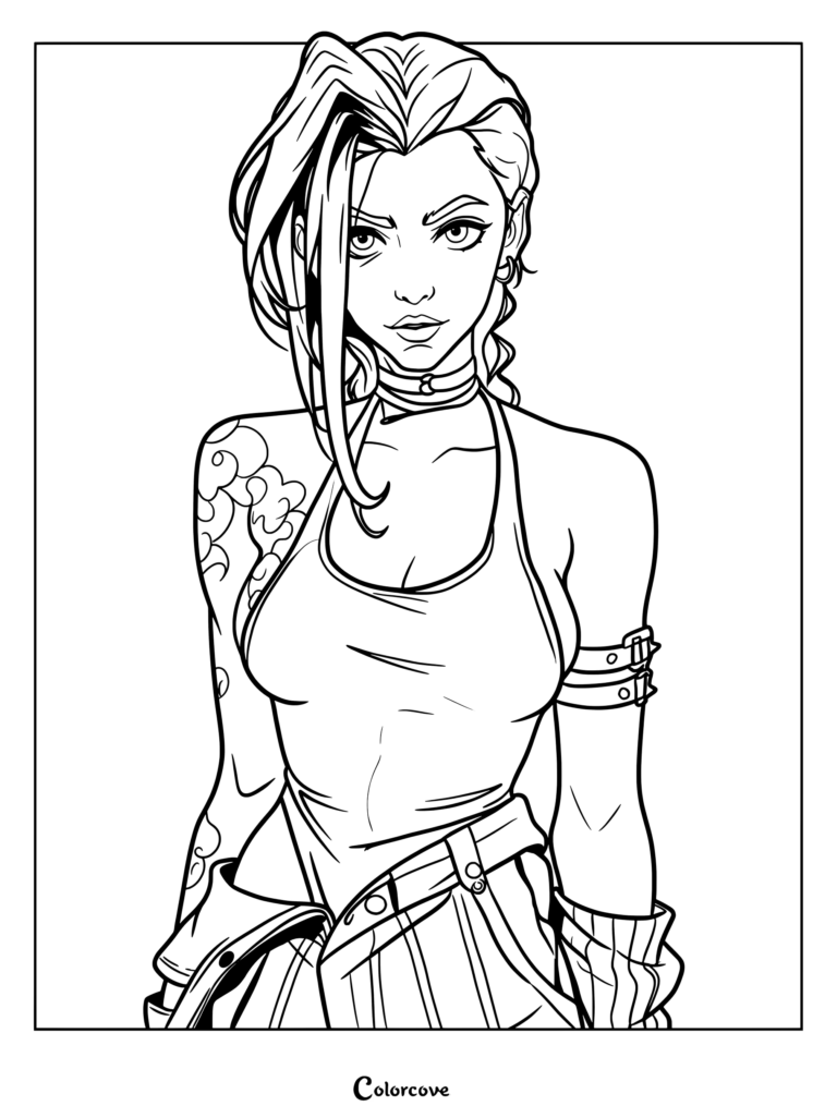 Dibujo para colorear imprimible de Jinx de Arcane League of Legends, con tatuajes de nubes, una camiseta sin mangas y cabello trenzado.