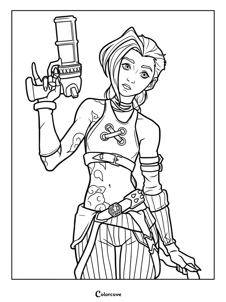 Jinx sosteniendo una de sus pistolas características de estilo Hextech en este dibujo para colorear de Arcane League of Legends