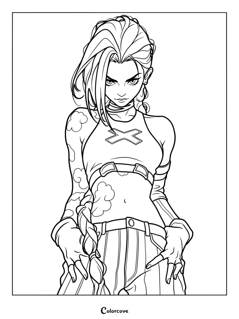 Dibujo para colorear imprimible de Jinx de Arcane League of Legends, que presenta su característico cabello azul brillante, ojos rosados, tatuajes de nubes y top corto oscuro.