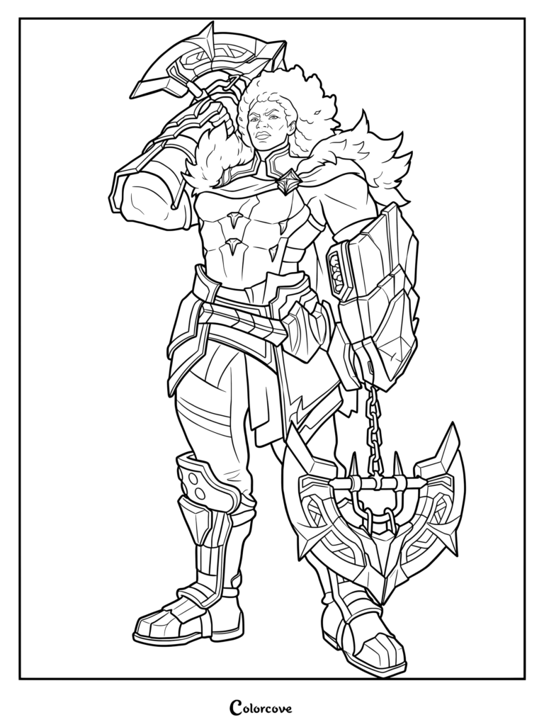 Página para colorear de Ambessa Medarda de Arcane League of Legends con ilustraciones promocionales del personaje con armadura y armas detalladas.