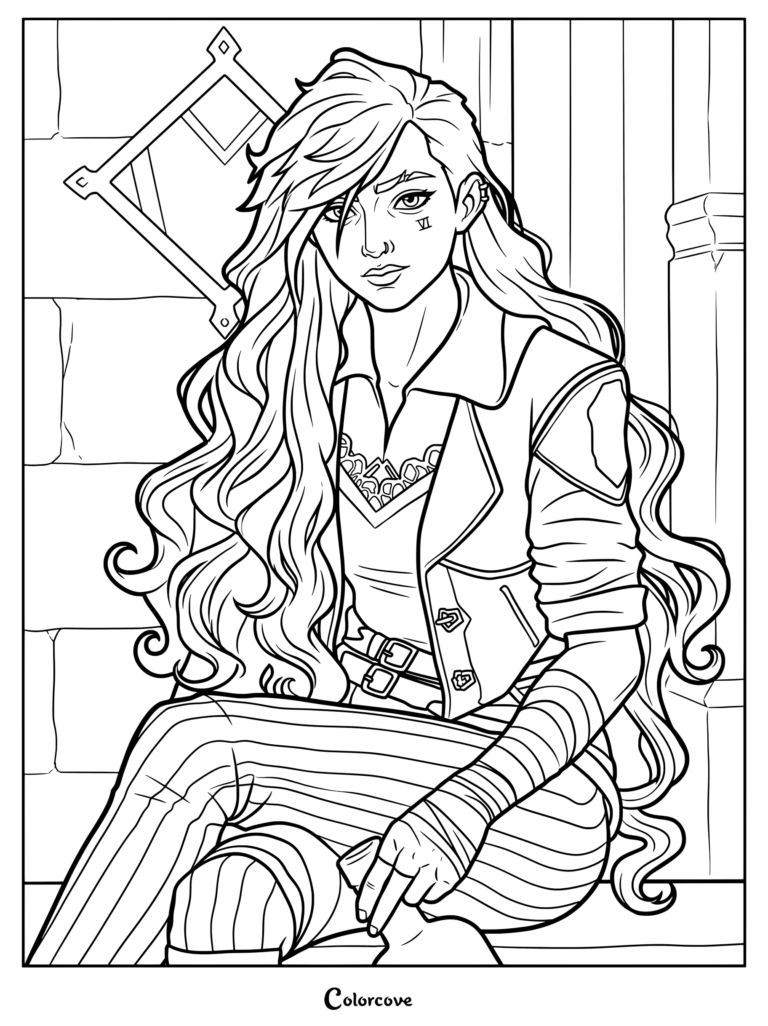 Dibujo para colorear gratuito e imprimible de Vi (Violet) de la serie animada Arcane, sentada con una botella en una chaqueta roja, camisa blanca y pantalones a rayas.