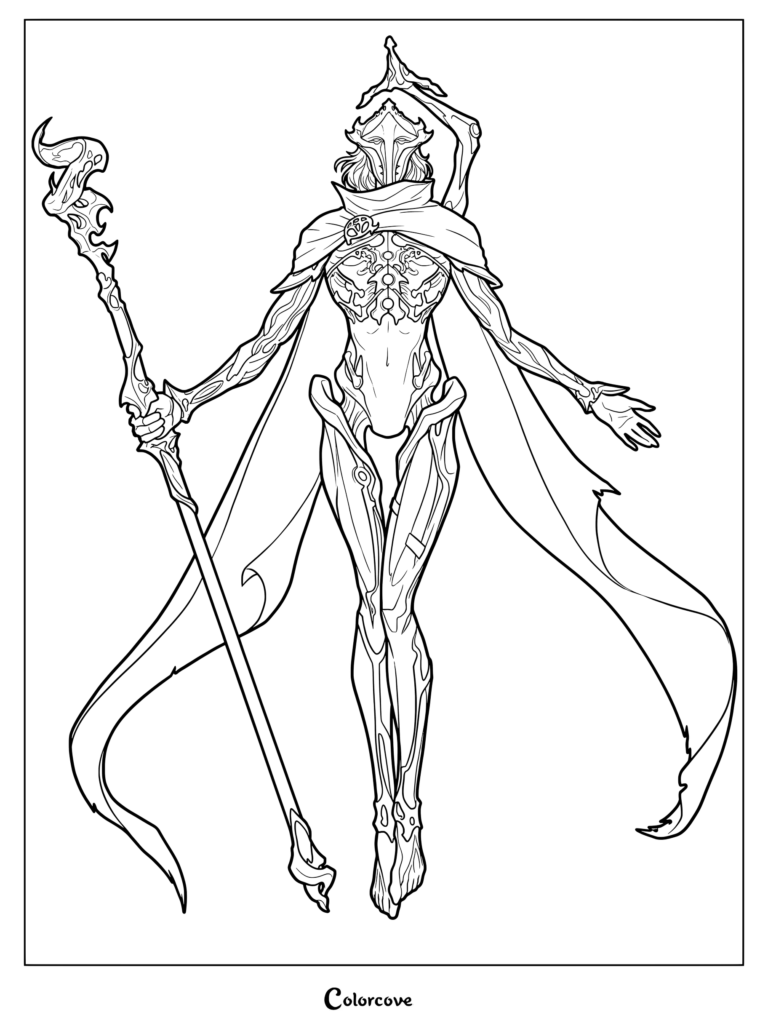 Dibujo detallado para colorear de Arcane League of Legends que presenta a Viktor como El Heraldo sosteniendo un báculo con capa ondulante y armadura intrincada.