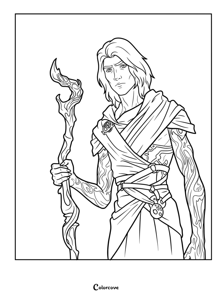 Dibujo para colorear de Viktor en su forma transformada de Heraldo de Arcane League of Legends, vistiendo una túnica drapeada y sosteniendo un báculo.