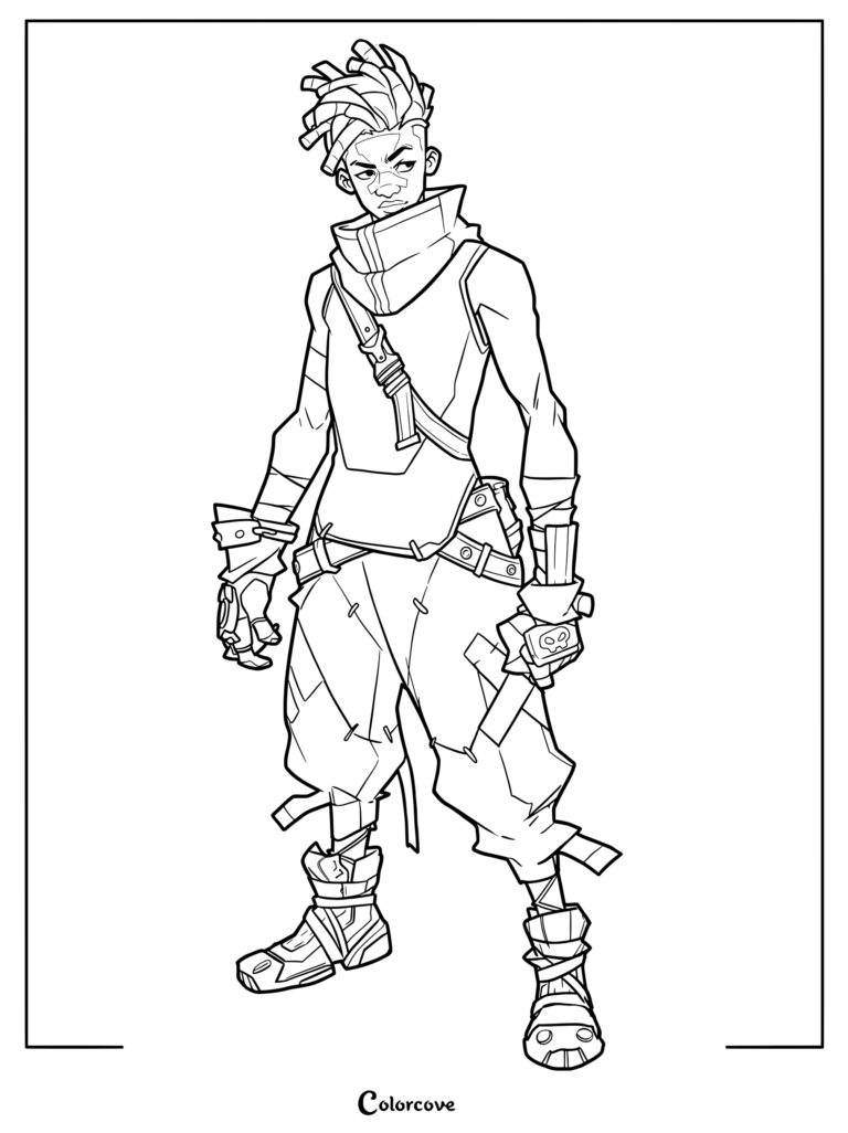 Página para colorear de Ekko con el personaje de Arcane League of Legends en su atuendo y peinado característicos.
