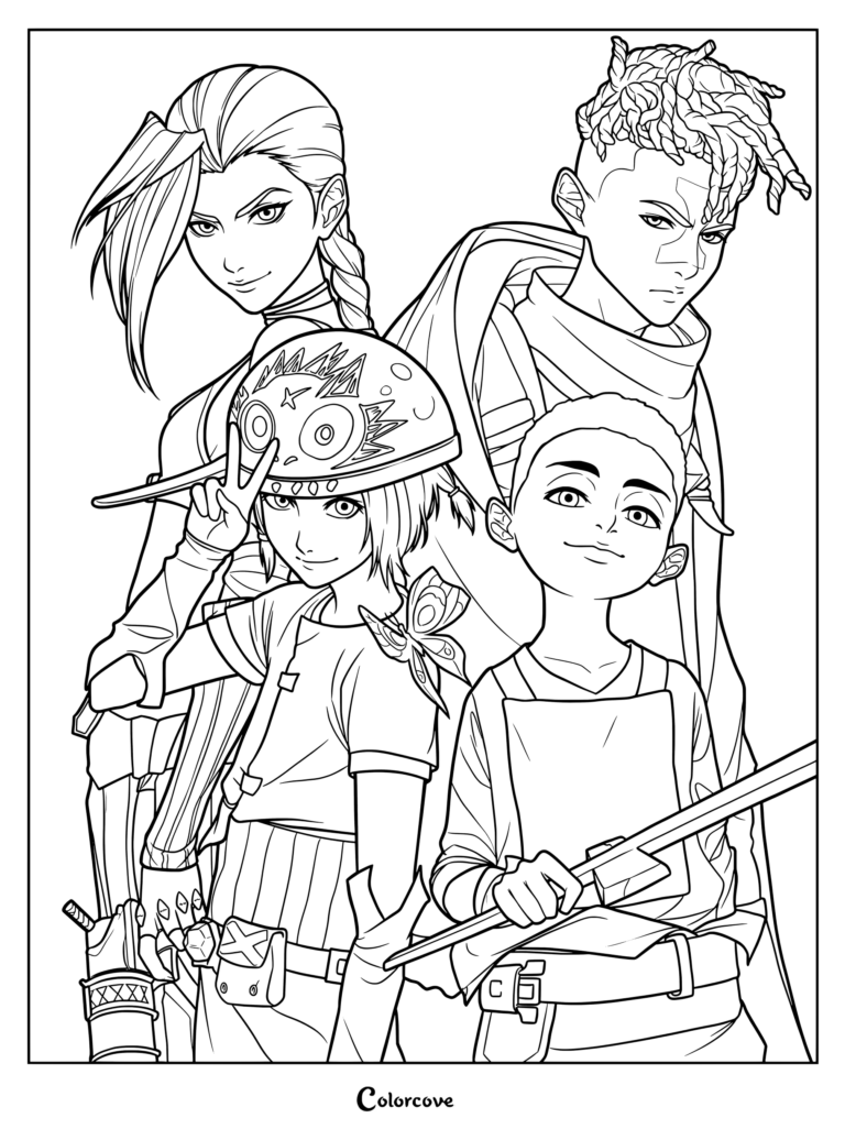Dibujo para colorear imprimible que presenta a Jinx y Ekko junto a sus versiones pasadas más jóvenes, Powder y el joven Ekko, de Arcane League of Legends.
