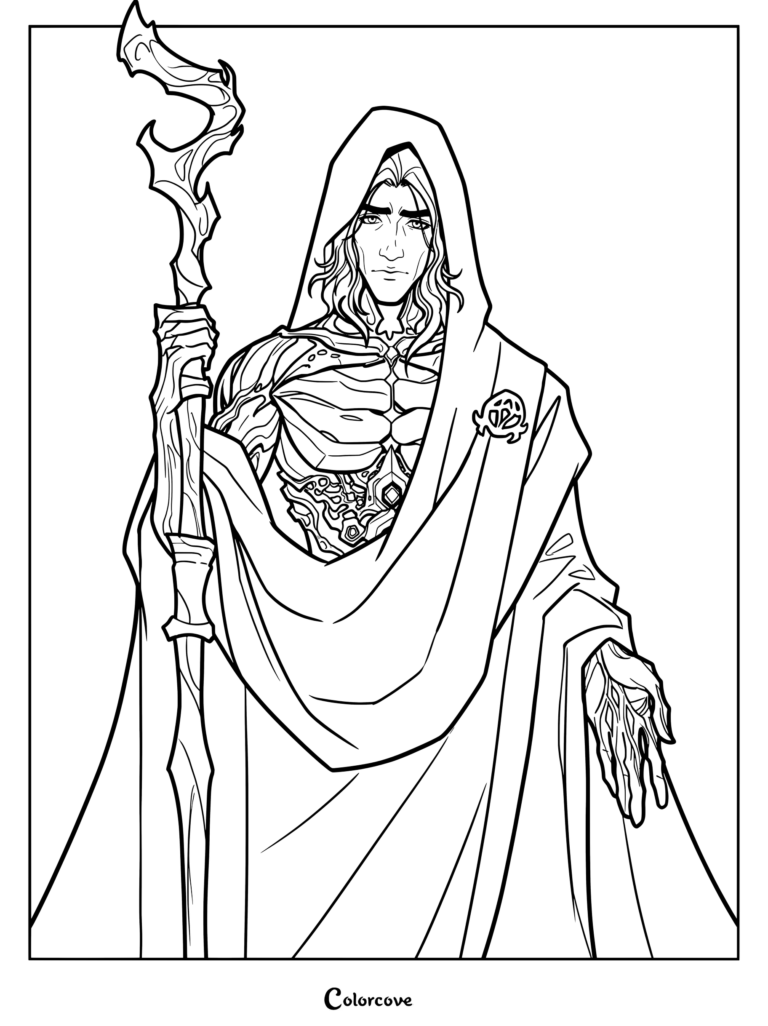 Dibujo detallado para colorear de Viktor de Arcane League of Legends sosteniendo un báculo ornamentado y vistiendo una túnica con capucha.