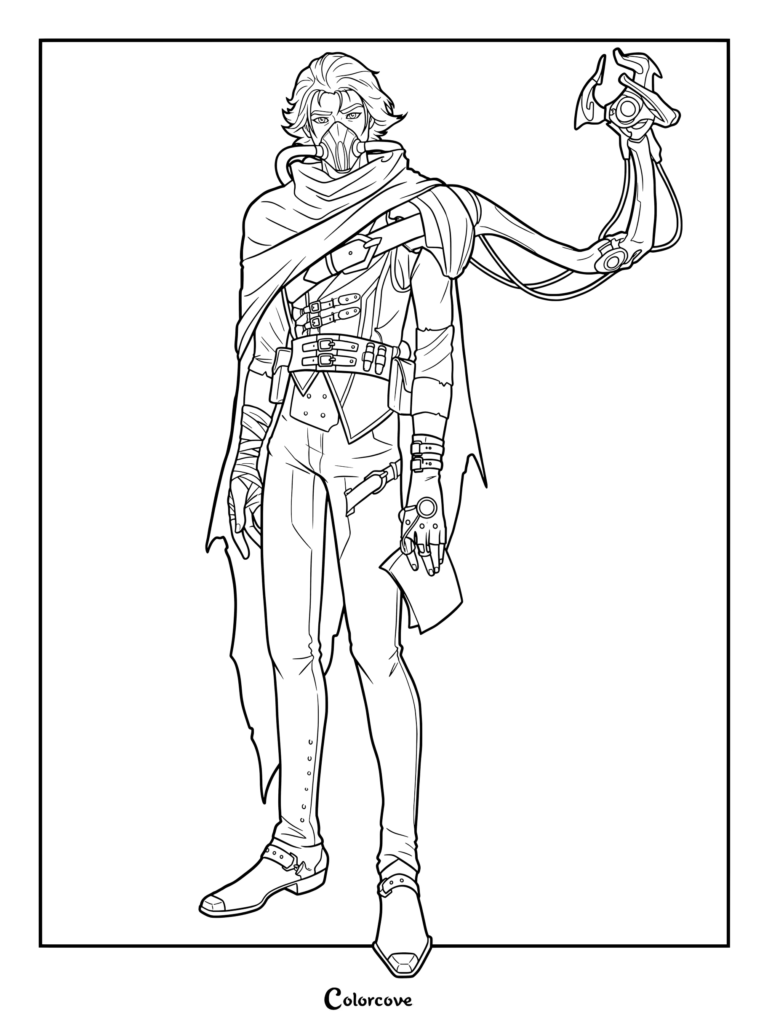 Dibujo para colorear de Viktor que presenta al personaje de Arcane League of Legends con su brazo mecánico y máscara.