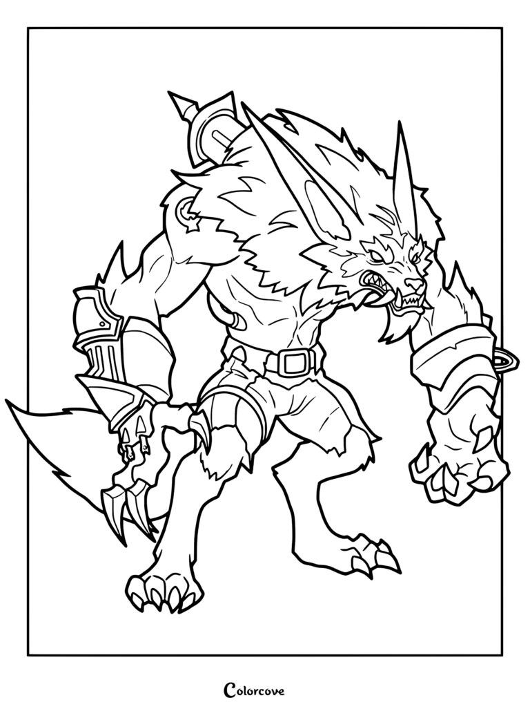 Página para colorear de Warwick con el personaje de Arcane League of Legends en una postura de combate feroz.