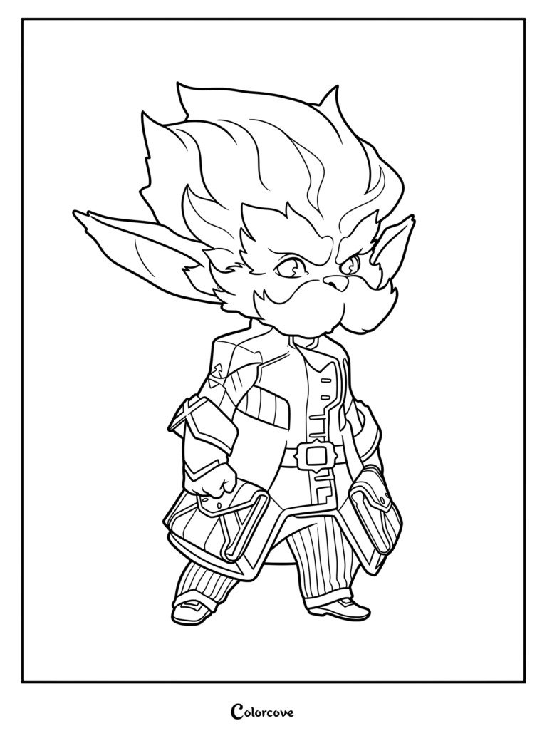 Página para colorear de Heimerdinger para imprimir con el personaje de Arcane League of Legends en un arte lineal detallado.