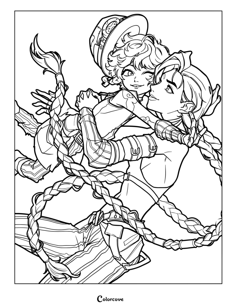 Una página para colorear en blanco y negro para imprimir de Isha y Jinx de Arcane League of Legends compartiendo un fuerte abrazo con el cabello largo trenzado.