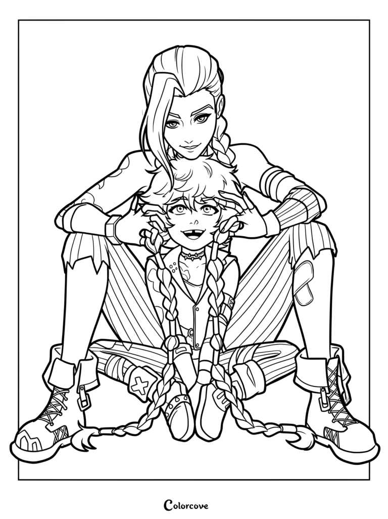Página para colorear de Isha x Jinx de Arcane League of Legends, que muestra a Jinx abrazando a Isha con el cabello trenzado.