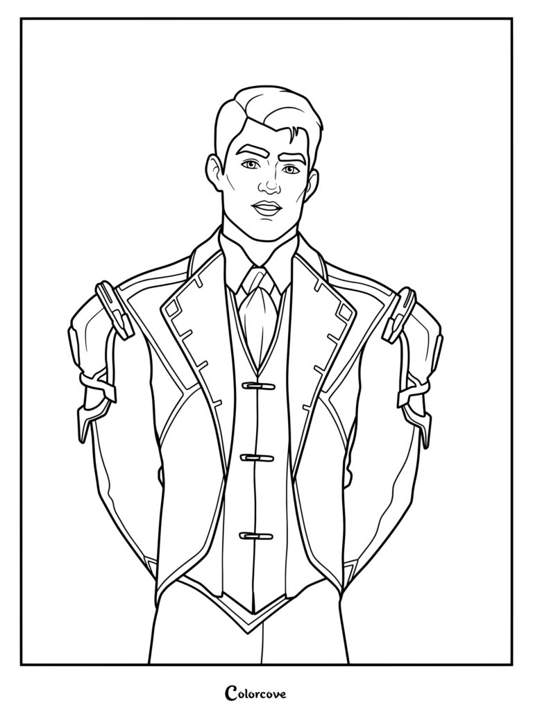 Página para colorear gratuita para imprimir de Jayce de Arcane League of Legends vistiendo su detallada chaqueta y chaleco del consejo.