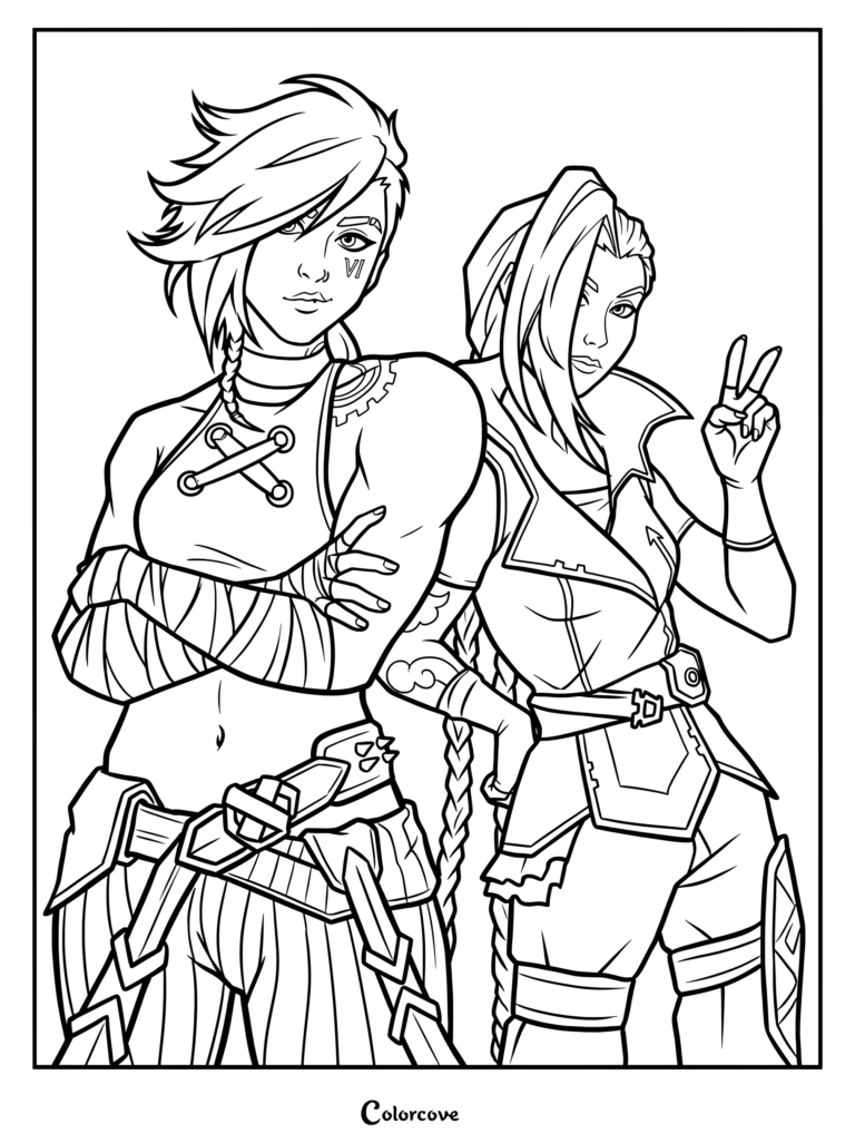 Dibujo para colorear imprimible de Jinx y Vi que presenta a los personajes de Arcane League of Legends posando juntos.