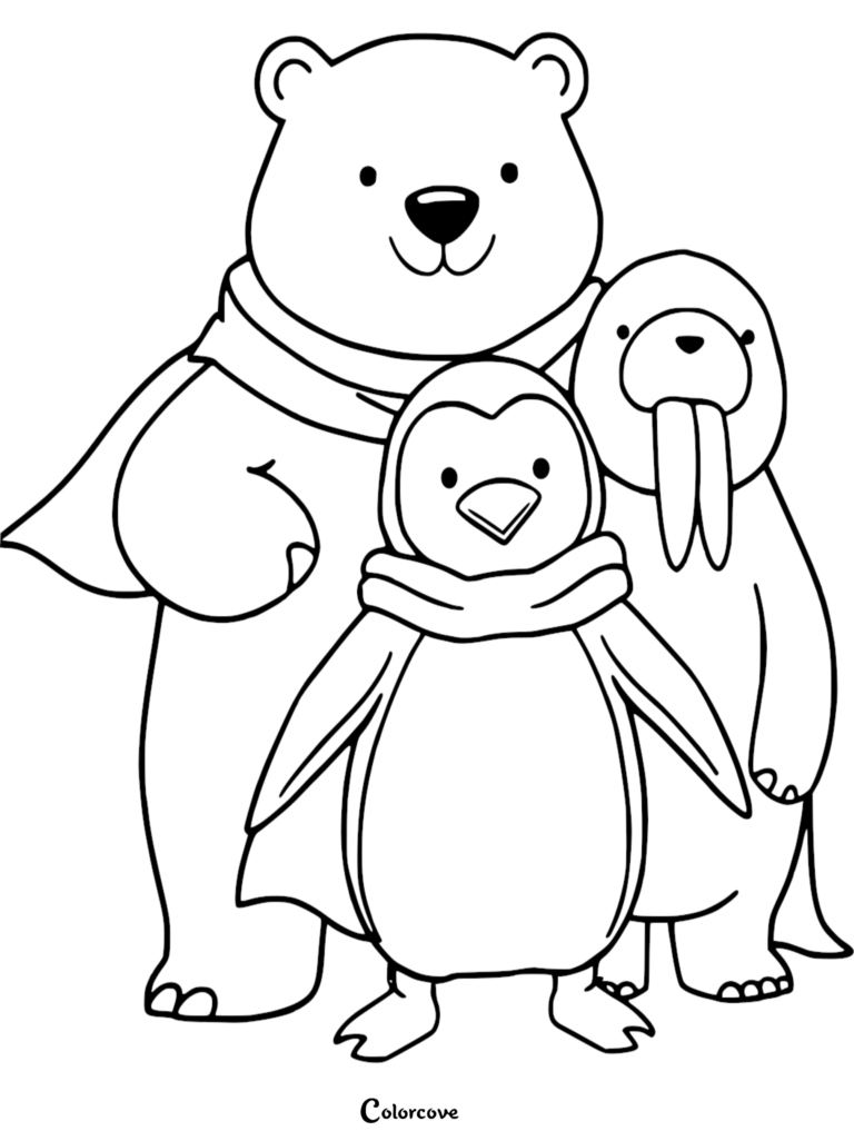 A cute polar bear, penguin, and walrus wearing scarves in this free printable Arctic animals coloring page.