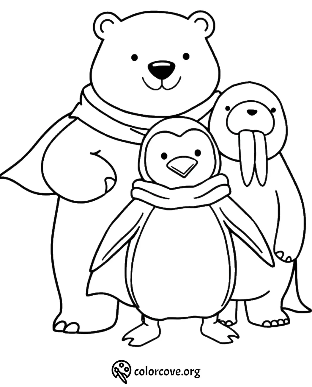 Cartoon polar bear, penguin, and walrus coloring page for kids with winter scarves.