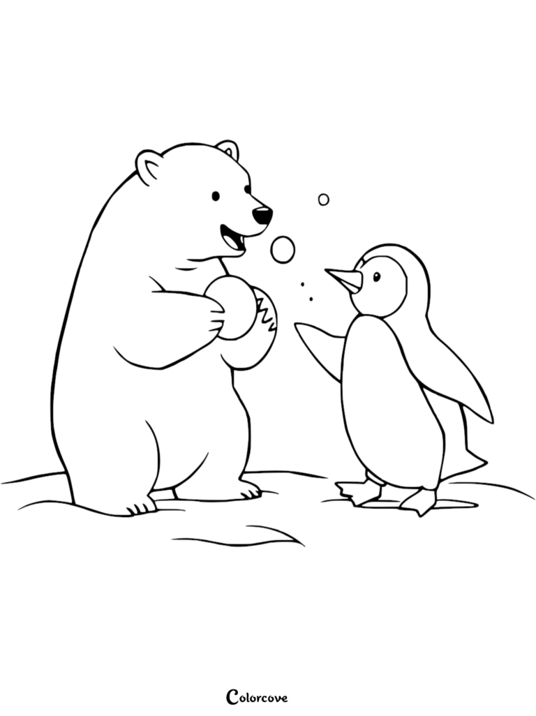 A printable coloring page featuring a cute polar bear and penguin playing with bubbles in the snow.