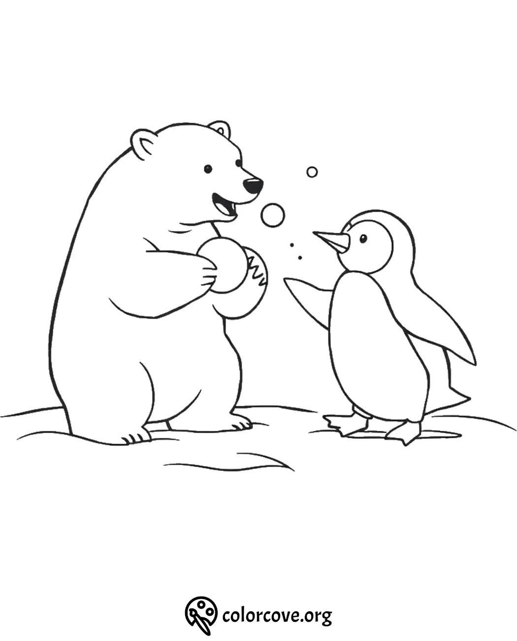 Polar bear and penguin playing with snowballs, coloring page for kids. Fun winter animal scene.