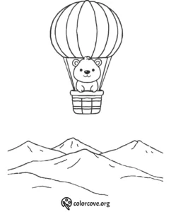 Cute bear in hot air balloon coloring page over mountains, perfect for kids' creative fun and learning.