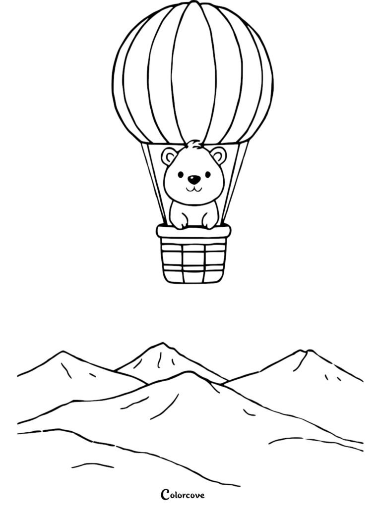 A cute polar bear cub riding in a hot air balloon over snowy mountains in this printable Arctic Animals coloring page.