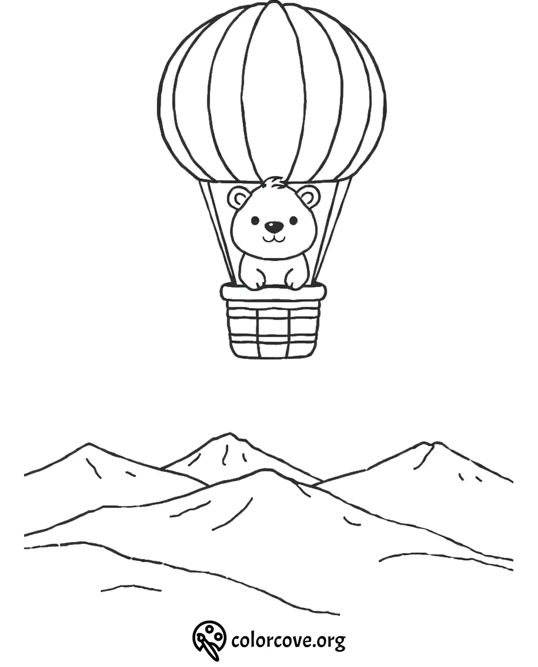 Cute bear in hot air balloon coloring page over mountains, perfect for kids' creative fun and learning.