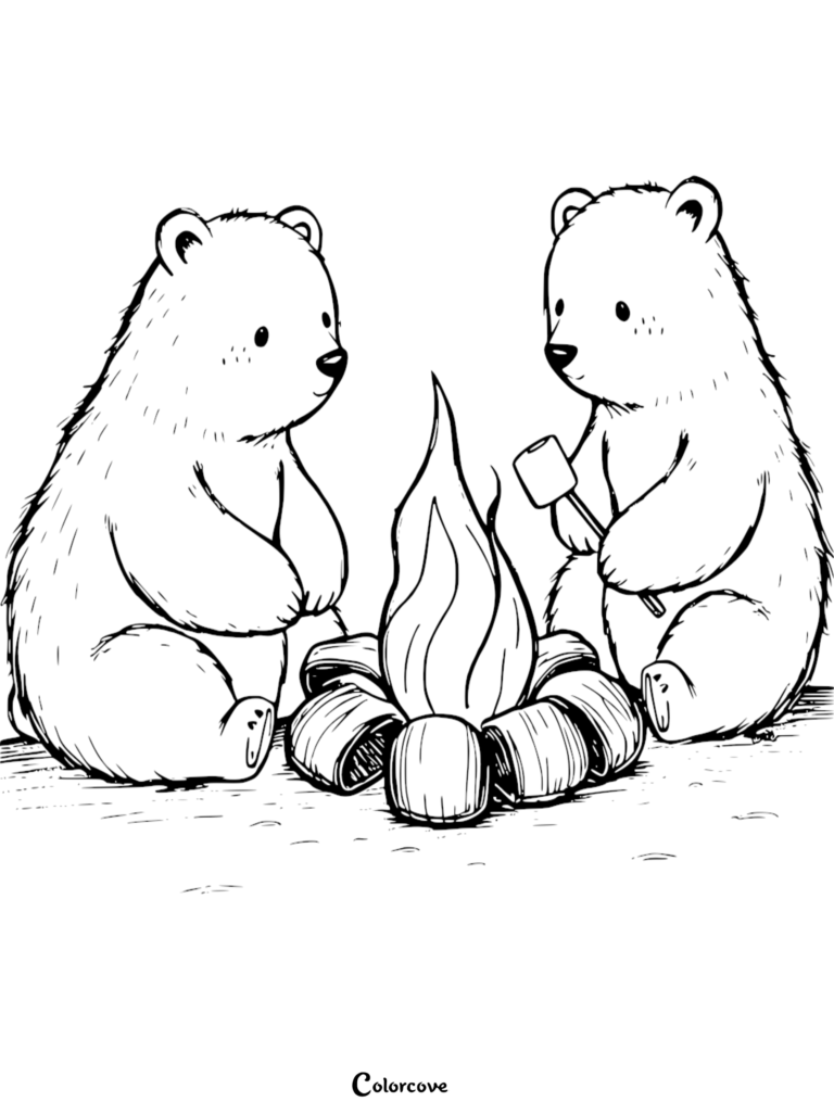 Two cute polar bears sitting by a campfire roasting a marshmallow on a stick in this printable Arctic animals coloring page.