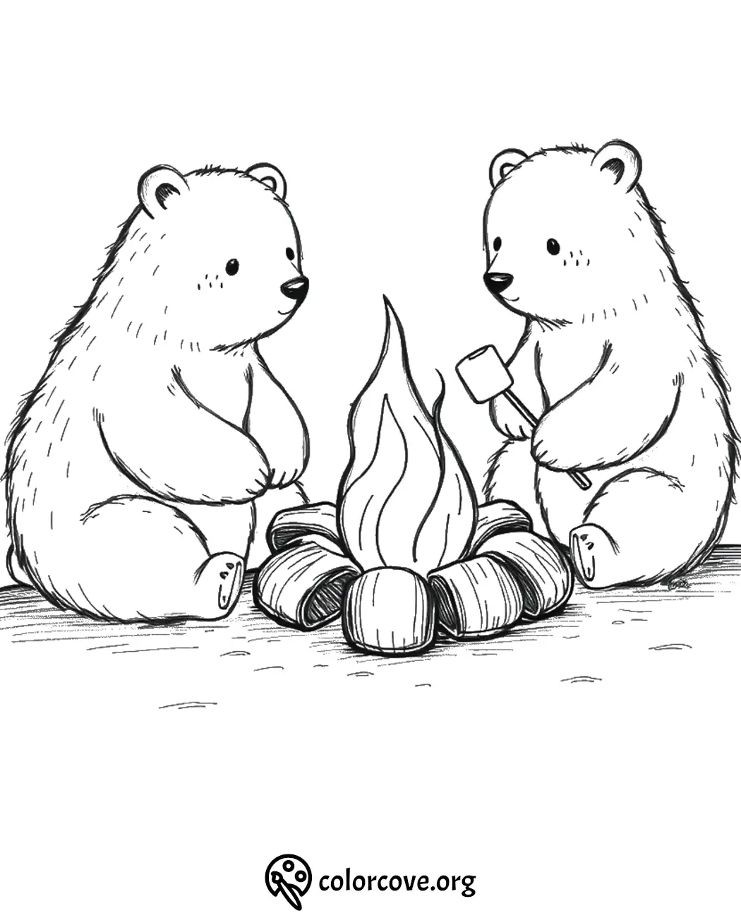 Two cute bears roasting marshmallows over a campfire, coloring page for kids by colorcove.org.