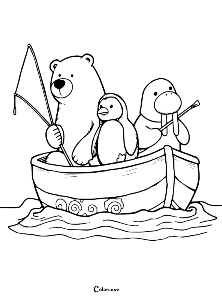 A polar bear, penguin, and walrus fishing together in a wooden boat, printable arctic animals coloring page.