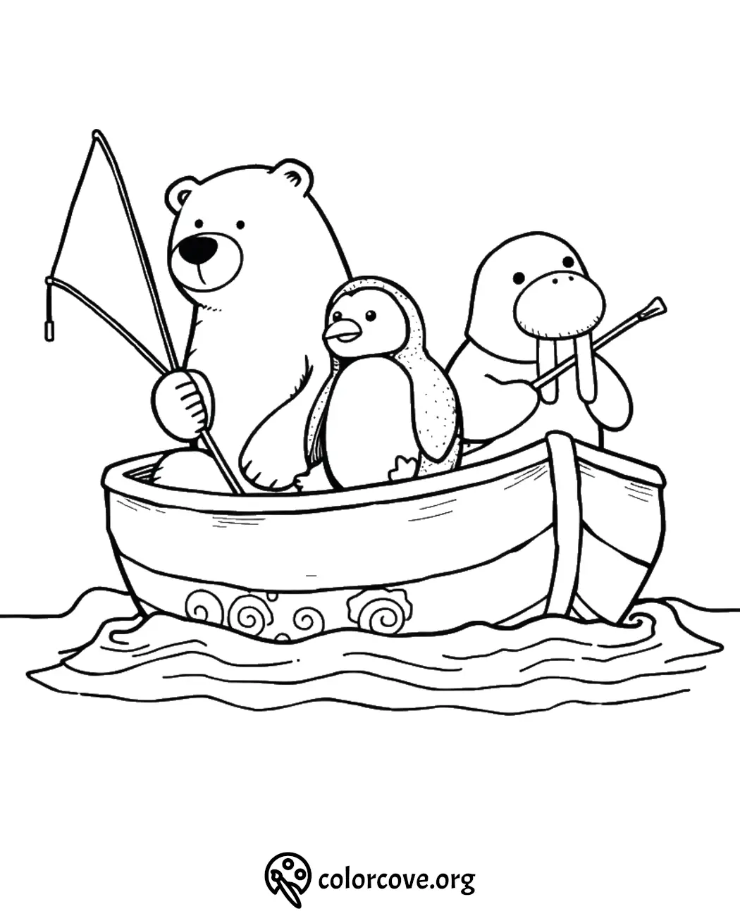 Bear, penguin, and walrus in a boat coloring page. Fun animal adventure coloring activity for kids.