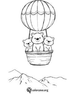 Three cute bears in a hot air balloon coloring page, floating above mountains. Perfect for kids' activities.