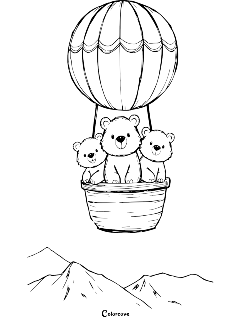 Three cute polar bear cubs riding in a hot air balloon over snowy mountains in this printable coloring page.