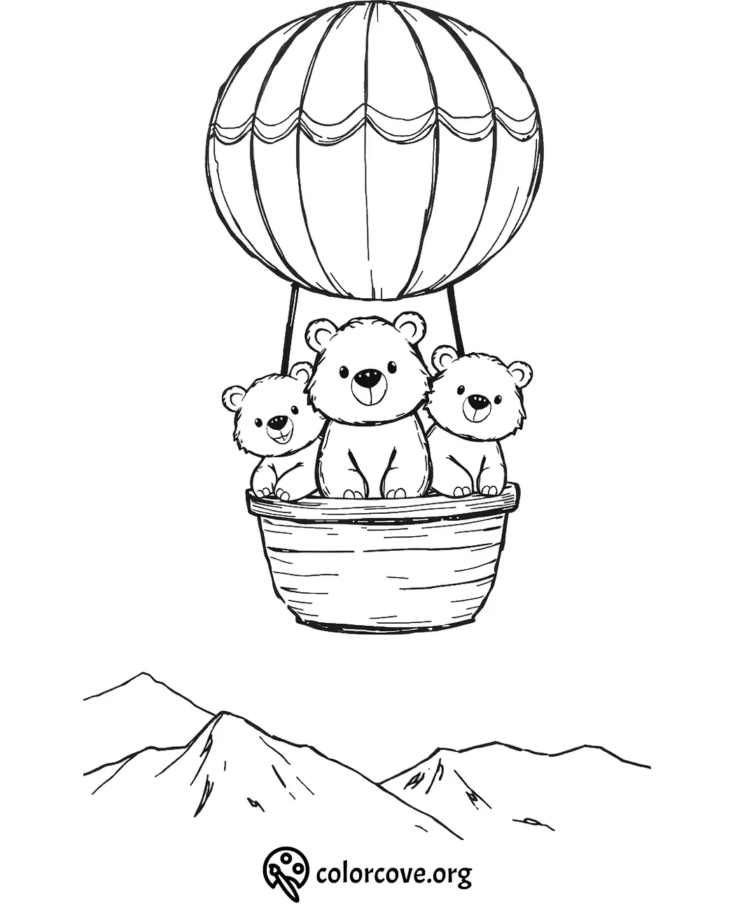 Three cute bears in a hot air balloon coloring page, floating above mountains. Perfect for kids' activities.