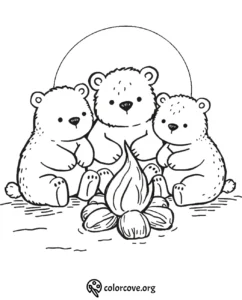 Three cute bears sit around a campfire with a full moon backdrop on a coloring page.