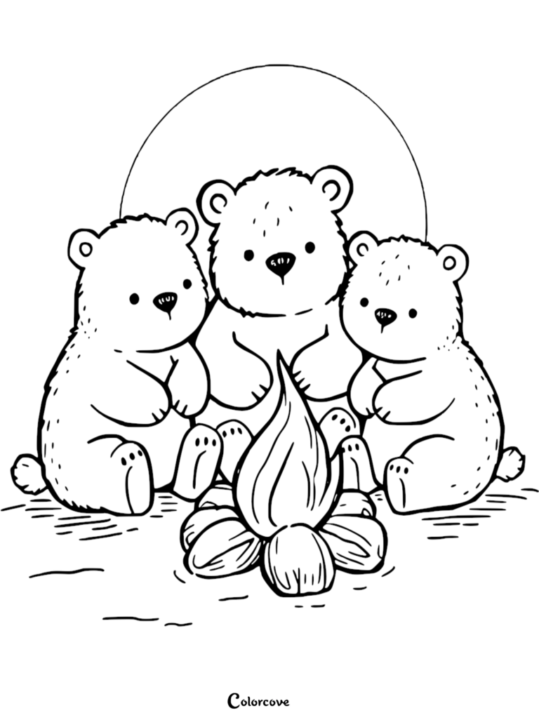 Three cute polar bear cubs sitting around a campfire in this free printable Arctic animals coloring page.
