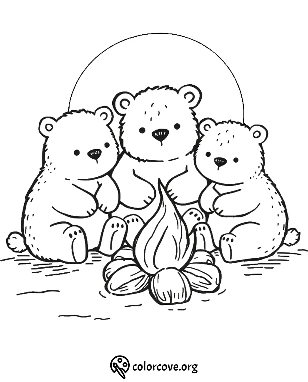 Three cute bears sit around a campfire with a full moon backdrop on a coloring page.