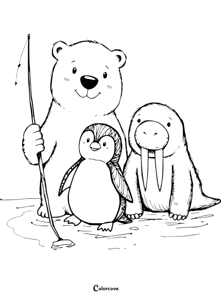 A cute polar bear holding a fishing rod next to a penguin and a walrus in this printable Arctic animals coloring page.