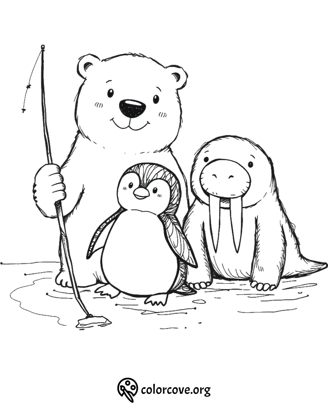 Polar bear, penguin, and walrus coloring page by a pond, perfect for kids' creative fun.