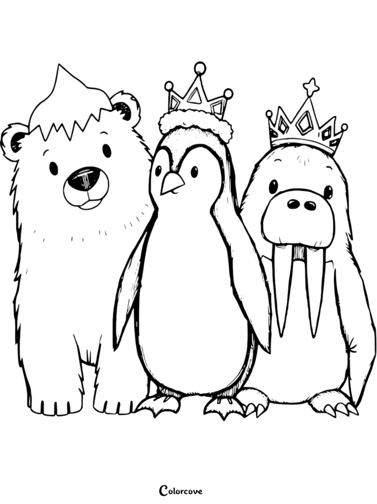 A cute coloring page featuring a polar bear, a penguin, and a walrus wearing crowns.
