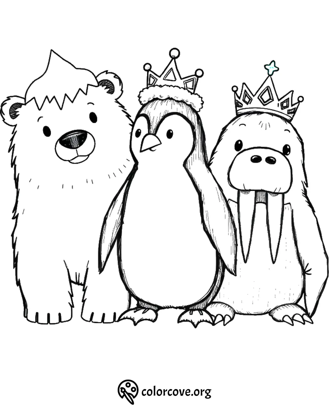 Penguin, bear, and walrus wearing crowns on a coloring page from colorcove.org. Perfect for kids' creativity.