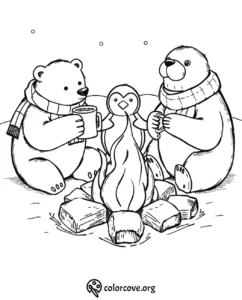 Bears and penguin coloring page featuring cozy campfire, winter scarves, and cocoa. Printable for kids' creative fun.