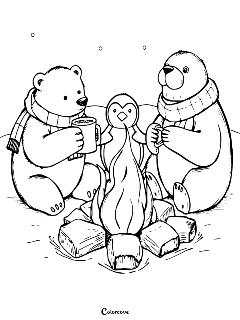 Two polar bears and a penguin sitting around a campfire with mugs in this Arctic Animals coloring page.