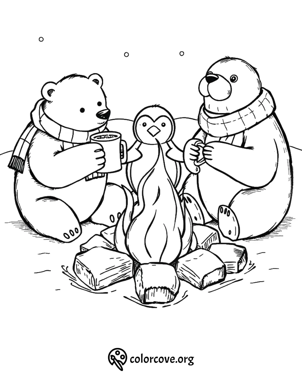 Bears and penguin coloring page featuring cozy campfire, winter scarves, and cocoa. Printable for kids' creative fun.