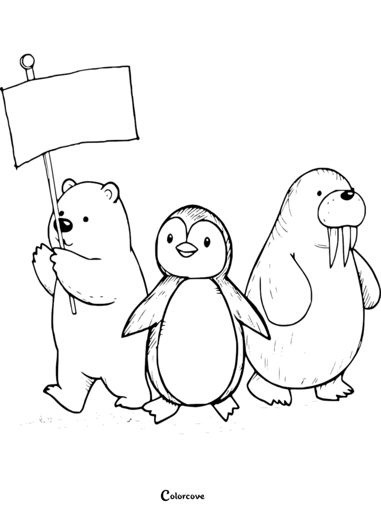A cute polar bear holding a blank sign, a penguin, and a walrus standing together in this Arctic Animals coloring page.